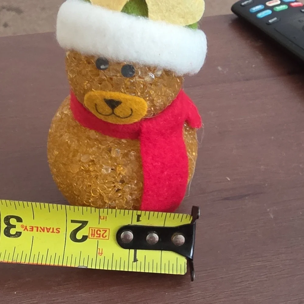 Lighted Bear Christmas Ornament with Red Scarf and Santa Hat, Brown Plastic Felt